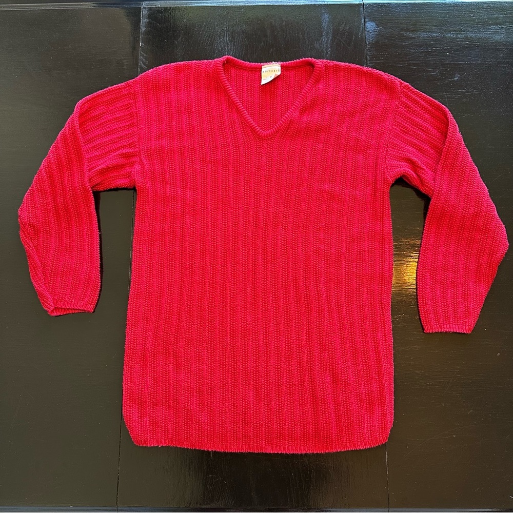 Vintage Partners Medium Red Oversized Knit Sweater Retro V-Neck Christmas